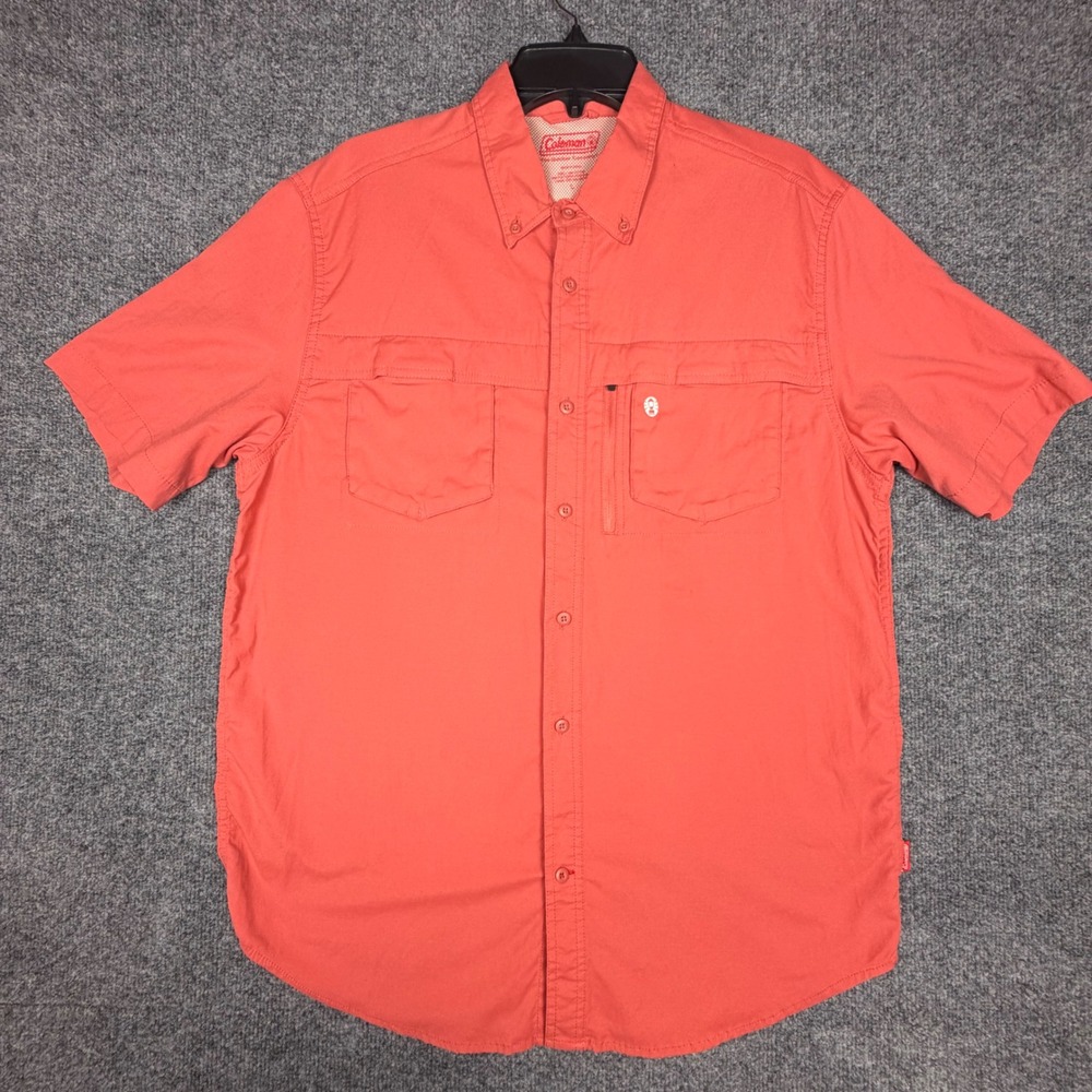 Coleman Mens Short Sleeve Button Down Fishing Hiking Shirt Coral Salmon Large
